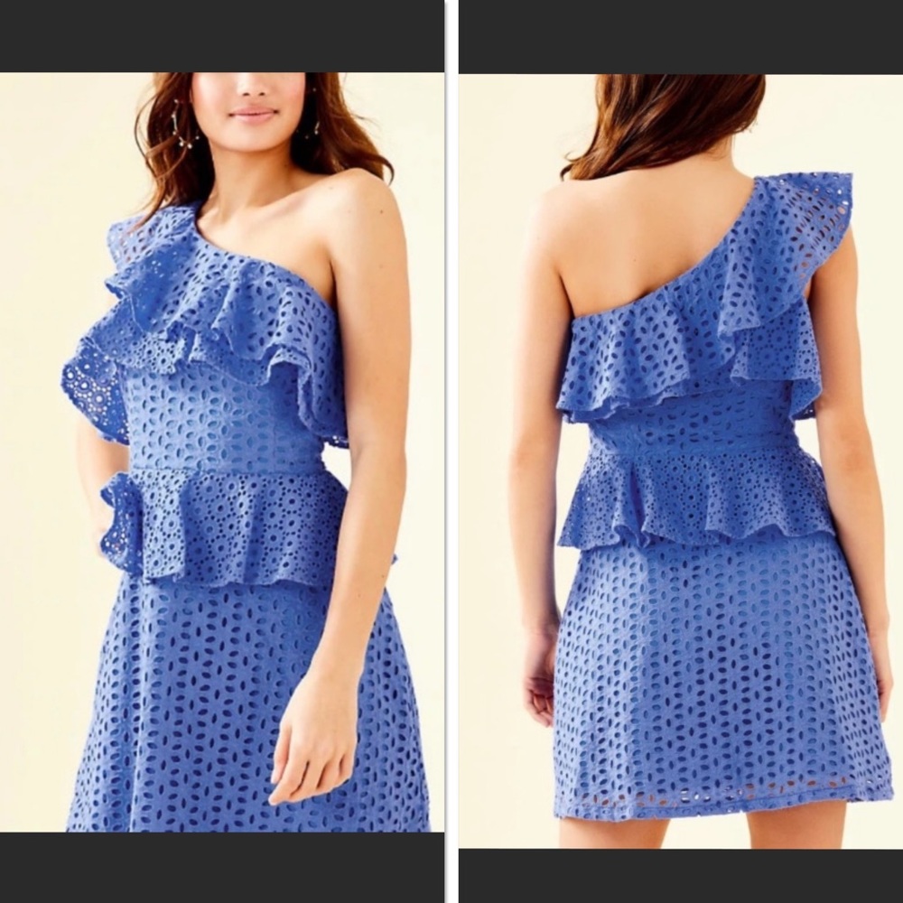 Lily Pulitzer Blue One Shoulder Dress Josey Flounce Ruffled Peplum Lace
